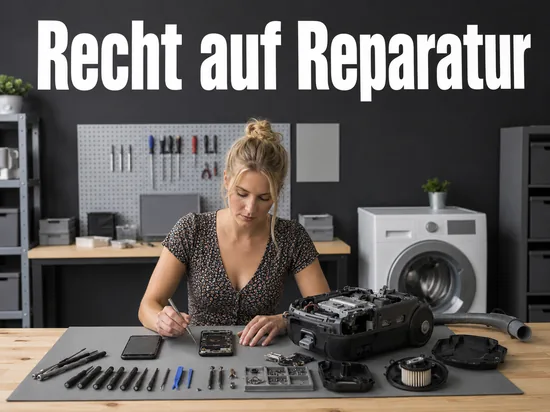 Frau repariert an einer Werkbank ein geöffnetes Smartphone und einen Staubsauger