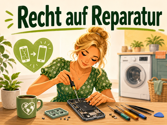 Frau repariert mit Schraubendreher ein geöffnetes Smartphone, daneben Werkzeug und Ersatzteile, Schriftzug „Recht auf Reparatur“