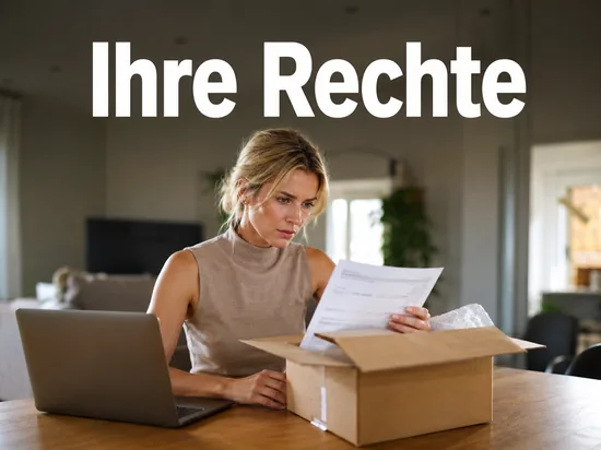 Frau prüft zu Hause den Lieferschein einer Onlinebestellung neben geöffnetem Paket
