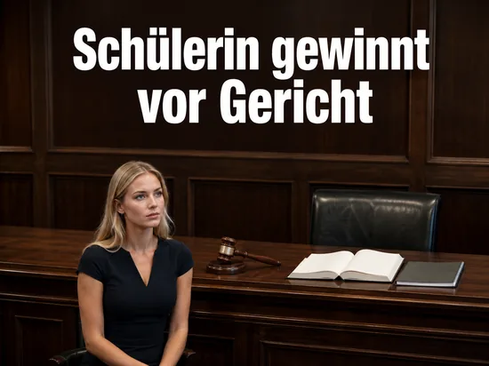 Junge Frau in einem Gerichtssaal an einem Richtertisch mit Holzhammer