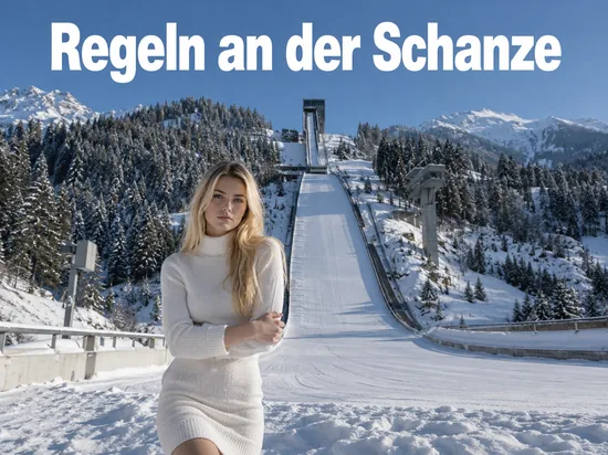 Verschneite Skisprungschanze mit Anlaufspur vor Bergpanorama