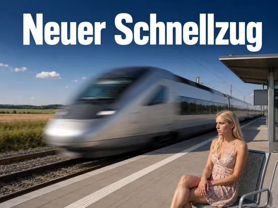 Schneller Regionalzug fährt an einem Bahnsteig vorbei, im Hintergrund Felder und eine Bahnstrecke