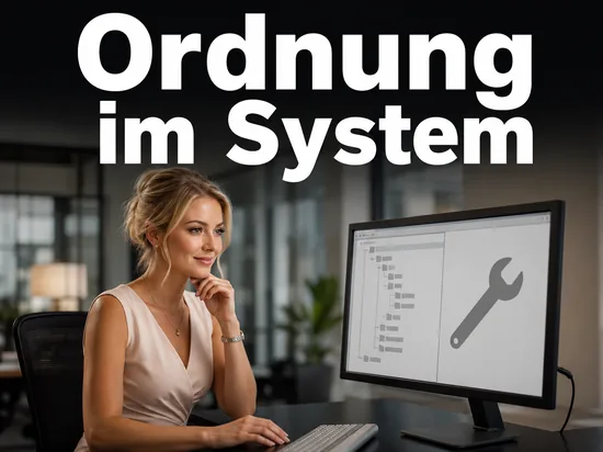 Geschaeftsfrau vor einem Monitor mit Baumstruktur und Werkzeugsymbol als Symbol fuer ein universelles Registry-Tool im Test