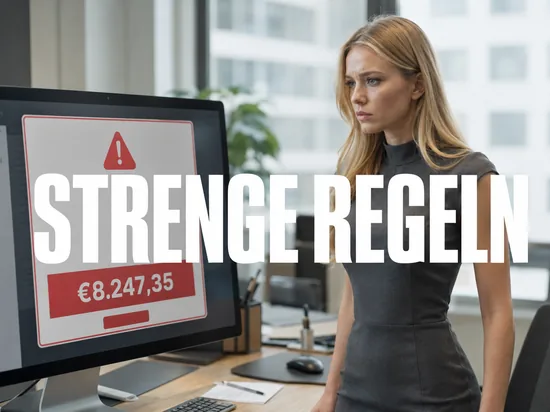 Blonde Frau vor Monitor mit grossem Warnfenster und deutlicher Preisangabe, Schriftzug Strenge Regeln