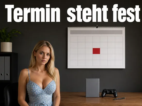 Schreibtisch mit Wandkalender, grauer Spielhuelle und Gamepad