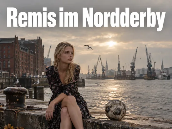 Frau sitzt mit einem Fußball an einer Hafenkante mit Kränen im Hintergrund