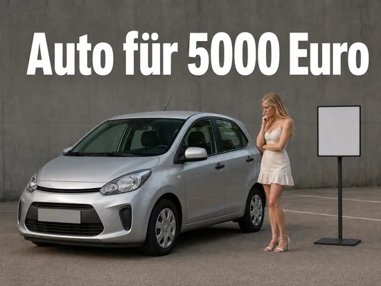 Frau neben einem silbernen Kleinwagen auf dem Parkplatz, Schriftzug Auto fuer 5000 Euro