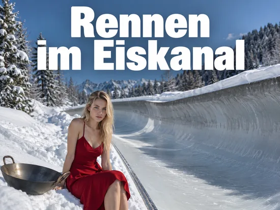 Frau sitzt neben einem großen Wok am Rand einer verschneiten Bobbahn