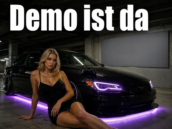 Tiefgarage mit tiefergelegtem Sportwagen und Gamepad auf der Haube