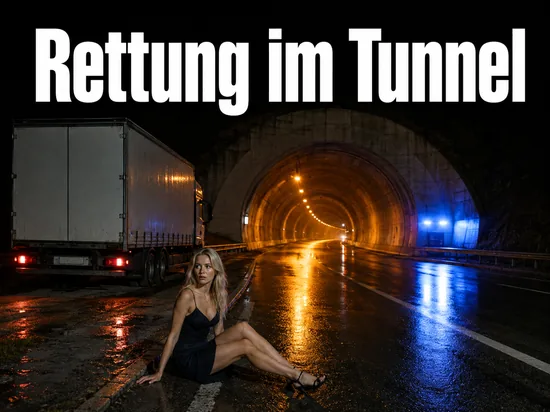 Einfahrt eines Autobahntunnels bei Nacht mit einem LKW auf dem Standstreifen