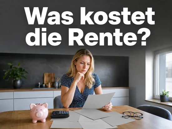 Frau am Küchentisch mit Taschenrechner, Sparschwein und amtlichen Schreiben