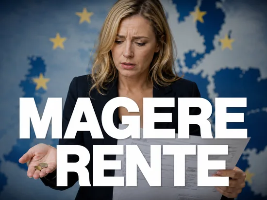Besorgte Geschäftsfrau mit Rentenbescheid und wenigen Euro-Münzen vor einer EU-Sternenkarte, Symbolbild für die magere deutsche Rente im europäischen Vergleich