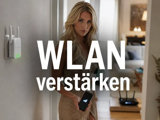 WLAN-Repeater in einer Steckdose und Smartphone mit vollem Empfang, im Hintergrund ein DSL-Router, davor eine Frau