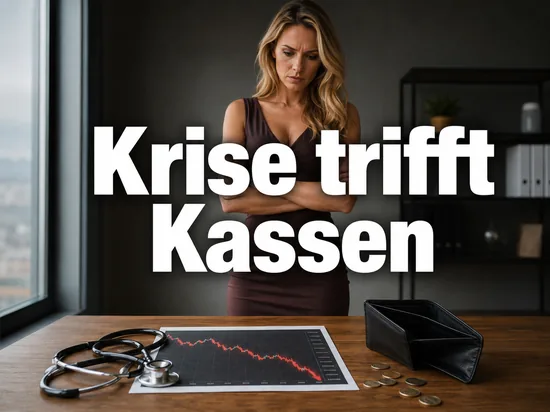 Stethoskop auf einem Chart mit stark fallender roter Kurve, leerer Geldbeutel und Muenzen, davor eine Frau mit besorgtem Blick