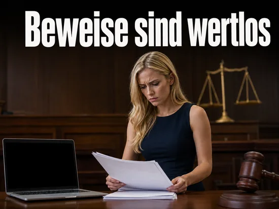 Frau mit Papieren im Gerichtssaal neben Laptop und Justitia-Waage, Schriftzug Beweise sind wertlos