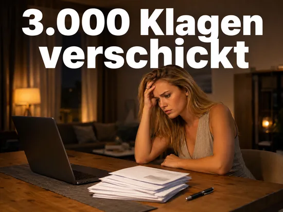 Frau am Wohnzimmertisch mit Laptop und Briefstapel: Musikindustrie verklagt 3.000 Tauschboersen-Nutzer