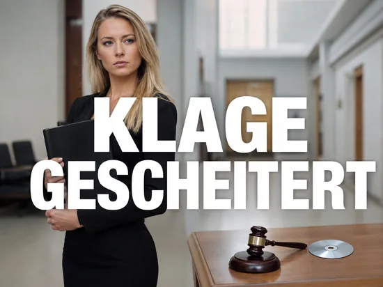 Geschaeftsfrau mit Aktenmappe im Gerichtsflur, daneben Richterhammer und CD als Symbol fuer eine gescheiterte Klage der Musikindustrie