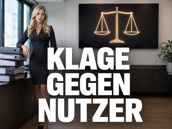 Blonde Geschäftsfrau neben Aktenordnern vor einem Bildschirm mit leuchtender Justizwaage als Symbol für Klagen gegen Internetnutzer