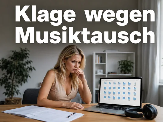 Frau am Laptop mit geteiltem Musikordner und Anwaltsschreiben: Klage wegen Musiktausch im Netz