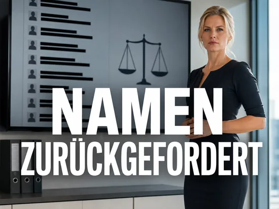 Blonde Geschäftsfrau vor einem Bildschirm mit geschwärzter Namensliste und Justizwaage als Symbol für den Streit um herausgegebene Nutzerdaten