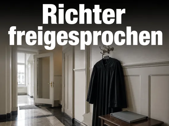 Schwarze Richterrobe an einem Garderobenhaken im Vorraum eines Gerichts