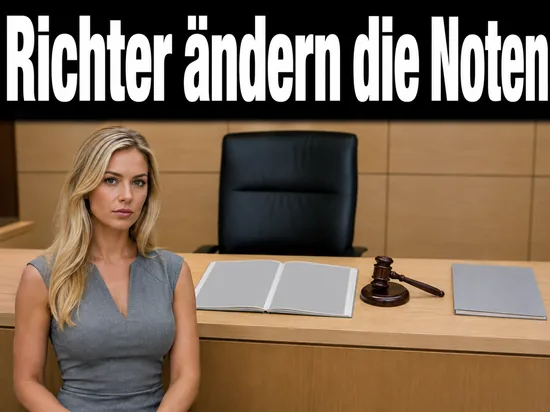 Frau an einem Richtertisch mit Zeugnisformular und Holzhammer