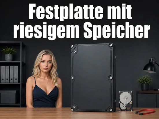 Frau am Tisch mit einer großen und einer kleinen Festplatte