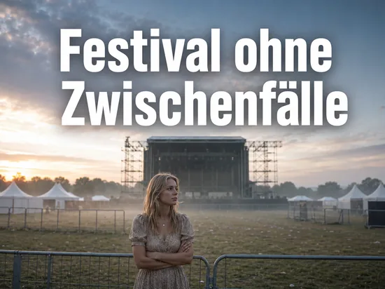 Frau auf einem Festivalgelaende vor leerer Hauptbuehne, Schriftzug Festival ohne Zwischenfaelle