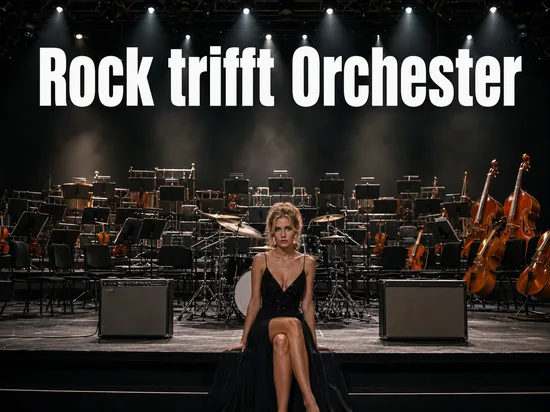 Buehne mit Orchesterinstrumenten, Schlagzeug und Gitarrenverstaerkern