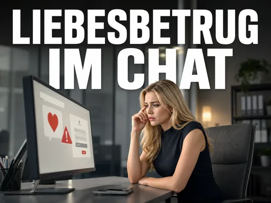 Blonde Frau blickt besorgt auf Monitor mit Chatfenster, Herzsymbol und Warndreieck, Schriftzug Liebesbetrug im Chat