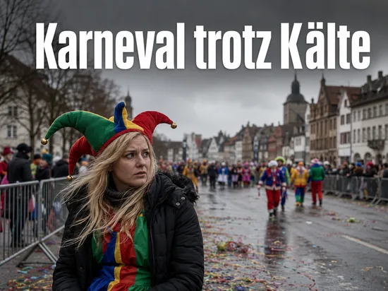 Frau mit Narrenkappe am Strassenrand beim Karnevalszug, Schriftzug Karneval trotz Kaelte