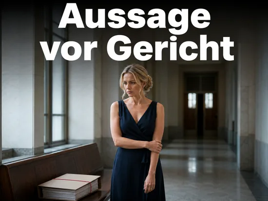 Frau im Gerichtsflur neben einer geschlossenen Prozessakte: Aussage im Prozess um den Kannibalen von Rotenburg