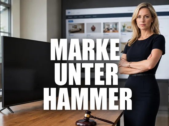 Blonde Geschäftsfrau neben einem Auktionshammer und einem ausgeschalteten Fernseher als Symbol für die Versteigerung einer Fernsehmarke