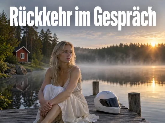 Frau sitzt auf einem Steg an einem finnischen See neben einem Rennhelm