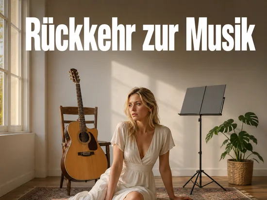 Akustikgitarre an einem Holzstuhl neben einem Notenstaender im Sonnenlicht