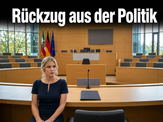Frau sitzt in einem leeren Landtagssaal an der Regierungsbank