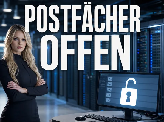 Blonde Geschaeftsfrau im Rechenzentrum vor Monitor mit E-Mail-Liste und geoeffnetem Vorhaengeschloss, Schriftzug Postfaecher offen
