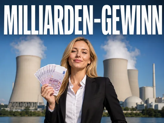 Blonde Geschaeftsfrau mit Euro vor einem Kraftwerk, Symbolbild Milliarden-Gewinn