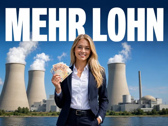 Blonde Frau mit Euro-Geld vor einem Kraftwerk, Symbolbild hoehere Loehne bei einem Energiekonzern
