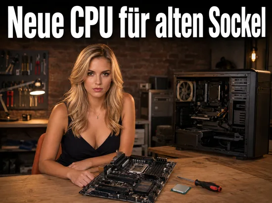 Frau an einer Werkbank mit Mainboard, Prozessor und offenem PC