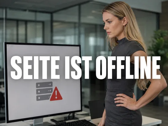 Blonde Frau vor Monitor mit Fehlerseite, Serversymbol und Warndreieck, Schriftzug Seite ist offline