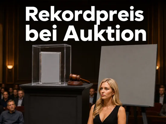 Auktionsraum mit versiegelter Spielverpackung in einer Vitrine