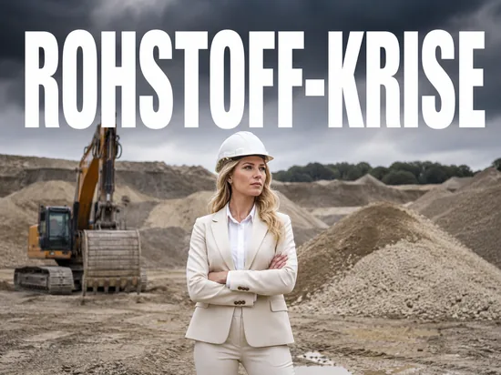 Ernste blonde Geschaeftsfrau mit Bauhelm auf Baustelle vor Sand- und Kieshaufen, Symbolbild Sand- und Kiesknappheit in der Bauindustrie