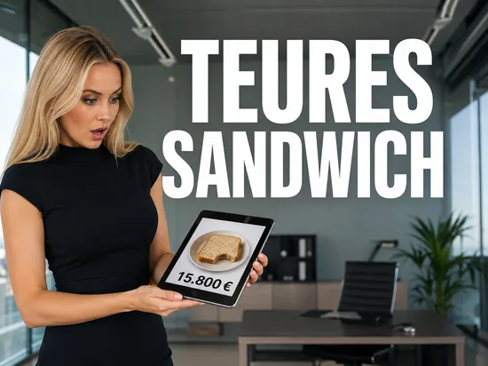 Blonde Frau staunt ueber Tablet mit Auktion fuer ein angebissenes Sandwich, Schriftzug Teures Sandwich