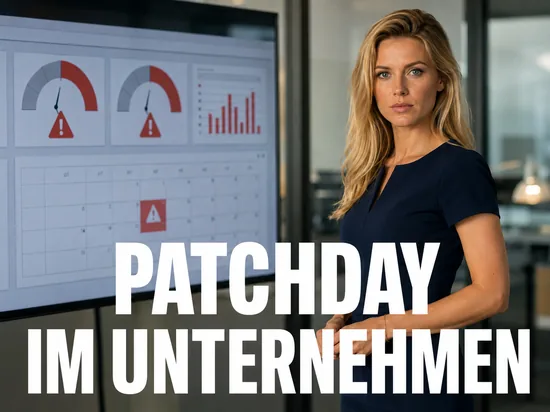 Geschaeftsfrau vor Monitor mit Unternehmens-Dashboard, roten Warnhinweisen und markiertem Patchday im Kalender