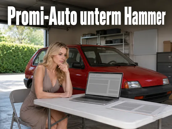 Aelterer roter Kleinwagen in einer Garage neben einem Laptop mit Auktionsseite als Symbol fuer eine Autoversteigerung