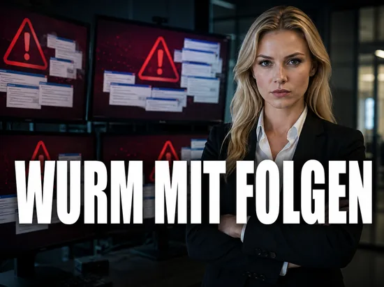 Blonde Geschaeftsfrau vor Monitoren mit Virus-Warnsymbolen, Schriftzug Wurm mit Folgen