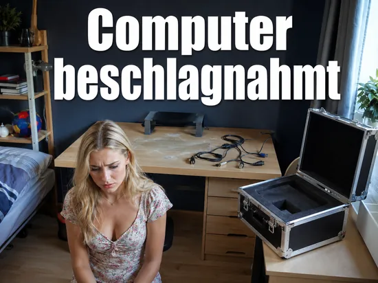 Frau vor einem leergeraeumten Schreibtisch mit getrennten Kabeln: Computer im Sasser-Fall beschlagnahmt