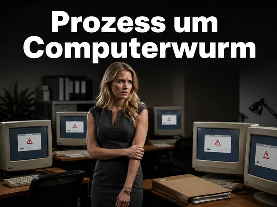 Frau vor mehreren alten Rechnern mit Warnmeldungen und einer Gerichtsakte: Prozess gegen den Programmierer des Sasser-Wurms