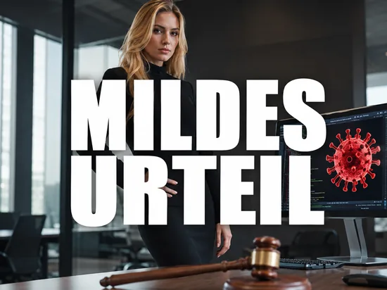 Blonde Geschaeftsfrau vor Monitor mit Programmcode und Virus-Symbol neben Gerichtshammer, Schriftzug Mildes Urteil